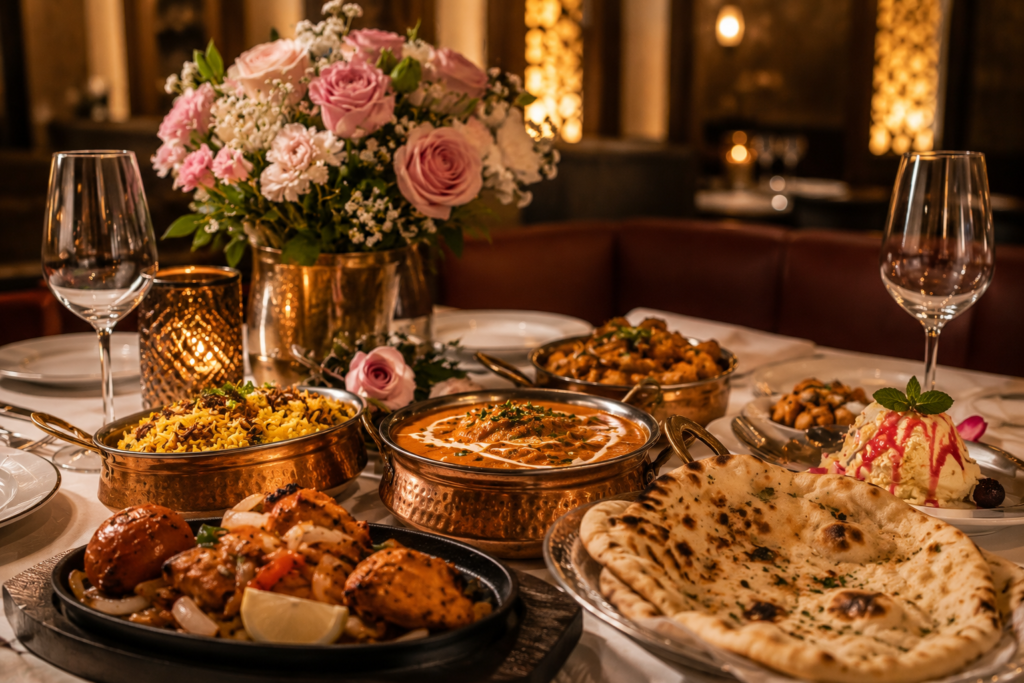 Fine dining feast featuring copper handi curries, sizzling grilled chicken, garlic naan, and floral centerpiece at Lebanese Village.